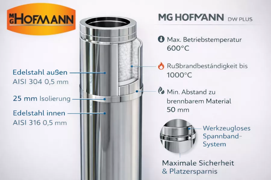 DW PLUS Längenelement 1000 mm Doppelwandig - Edehlstahl